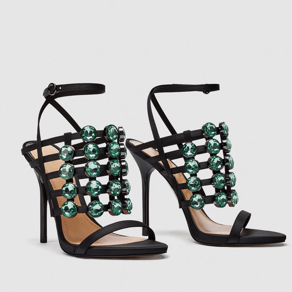 Zara Black Ankle Strap Heels with Cage Emerald Jeweled Gem